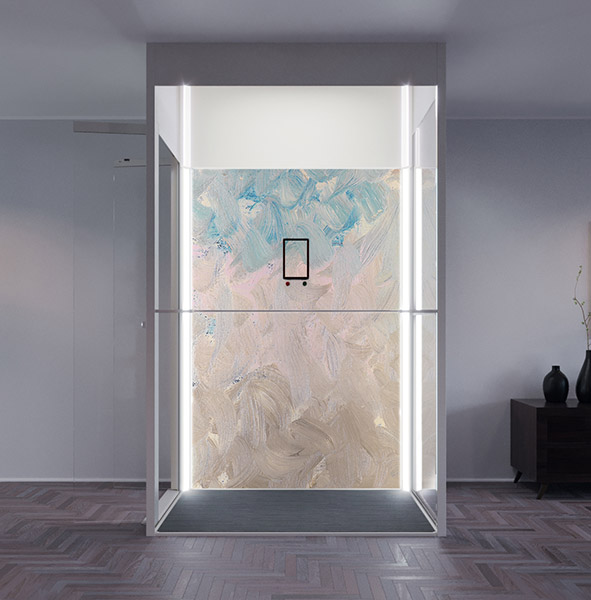 elevator untuk rumah Swift Pro home lift dengan artwall waterfall